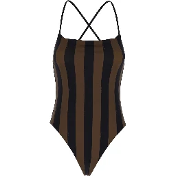 Brown One-Piece Swimsuit with FF and Stripe Motif in Stretch Fabric Woman