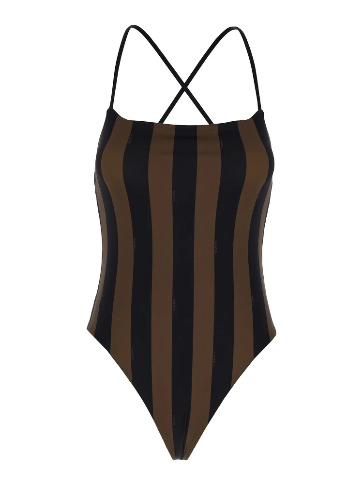 Brown One-Piece Swimsuit with FF and Stripe Motif in Stretch Fabric Woman
