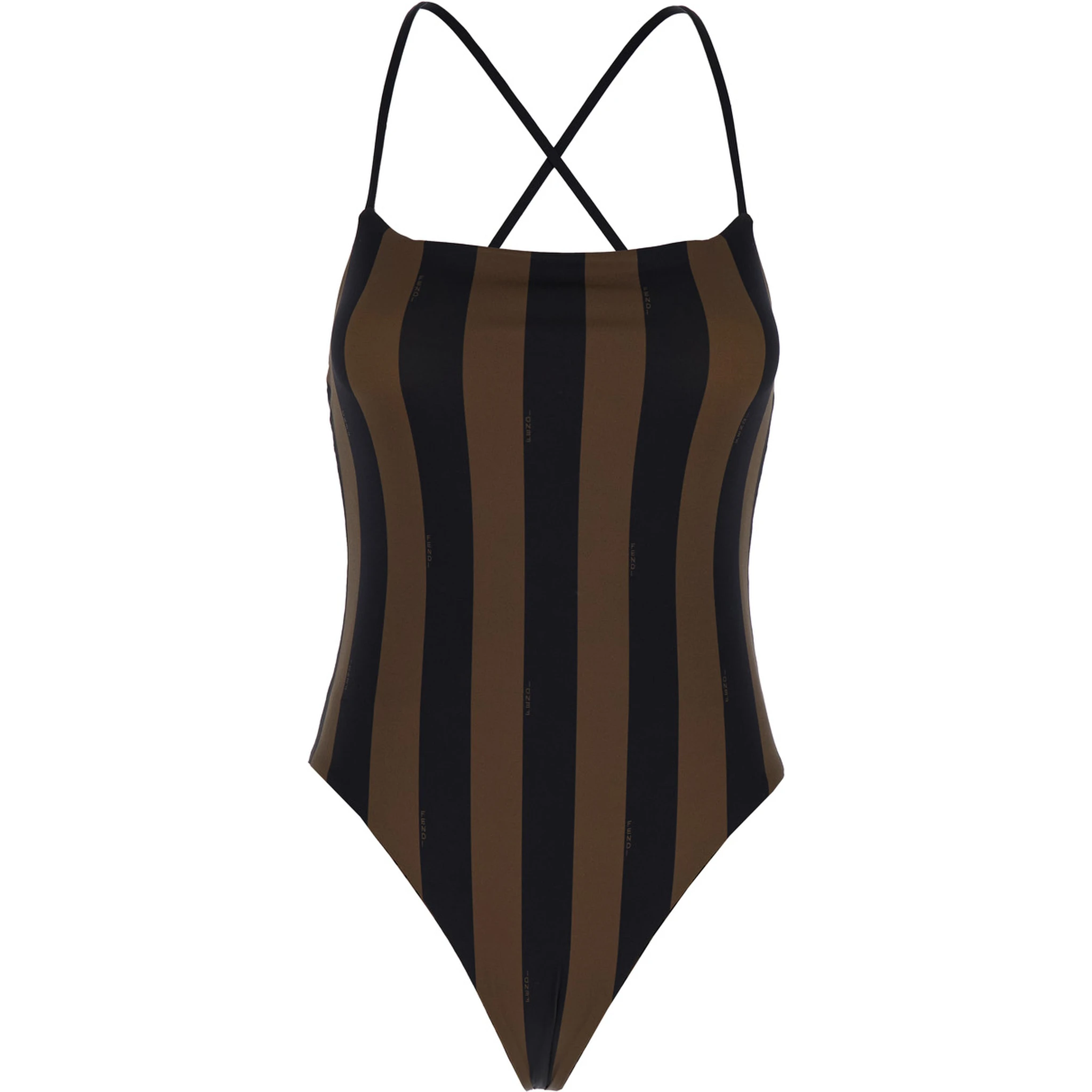 Brown One-Piece Swimsuit with FF and Stripe Motif in Stretch Fabric Woman