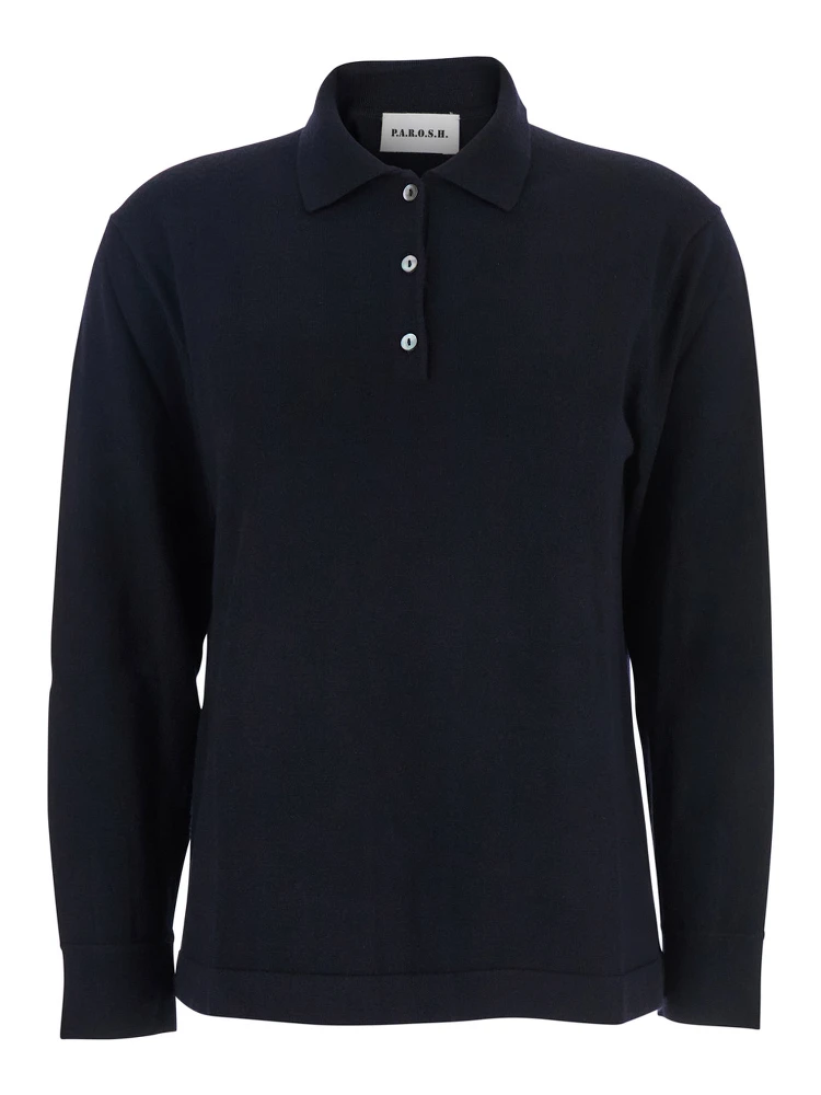 Blue Polo Shirt with Classic Collar and Long Sleeves in Wool Woman