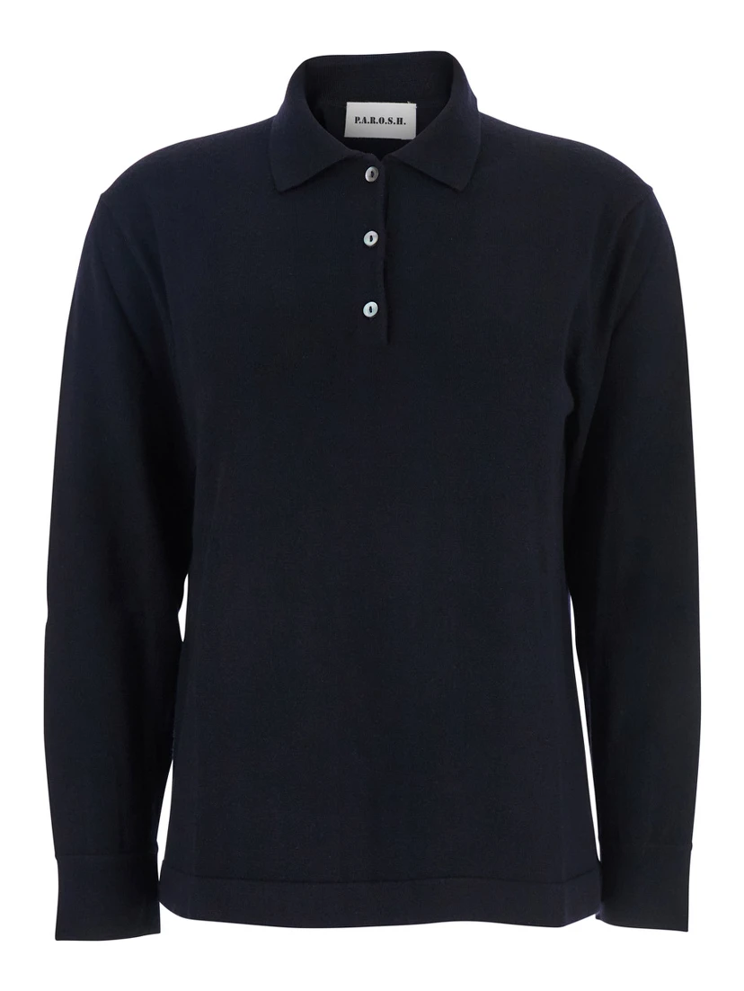 Blue Polo Shirt with Classic Collar and Long Sleeves in Wool Woman