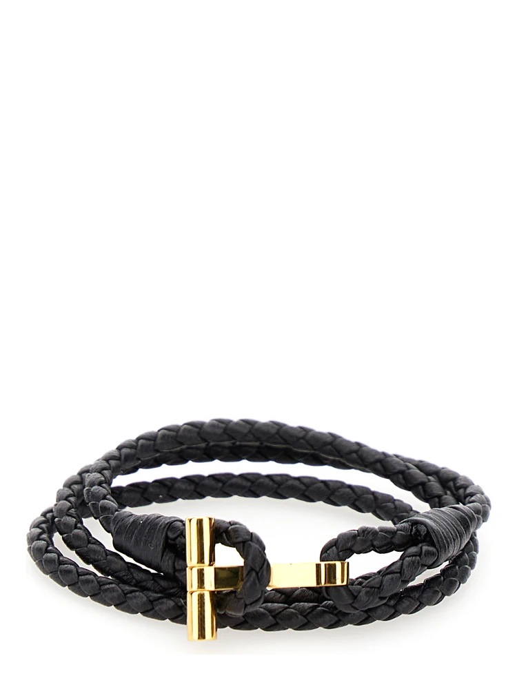 Black Bracelet with T Detail in Braided Leather Man