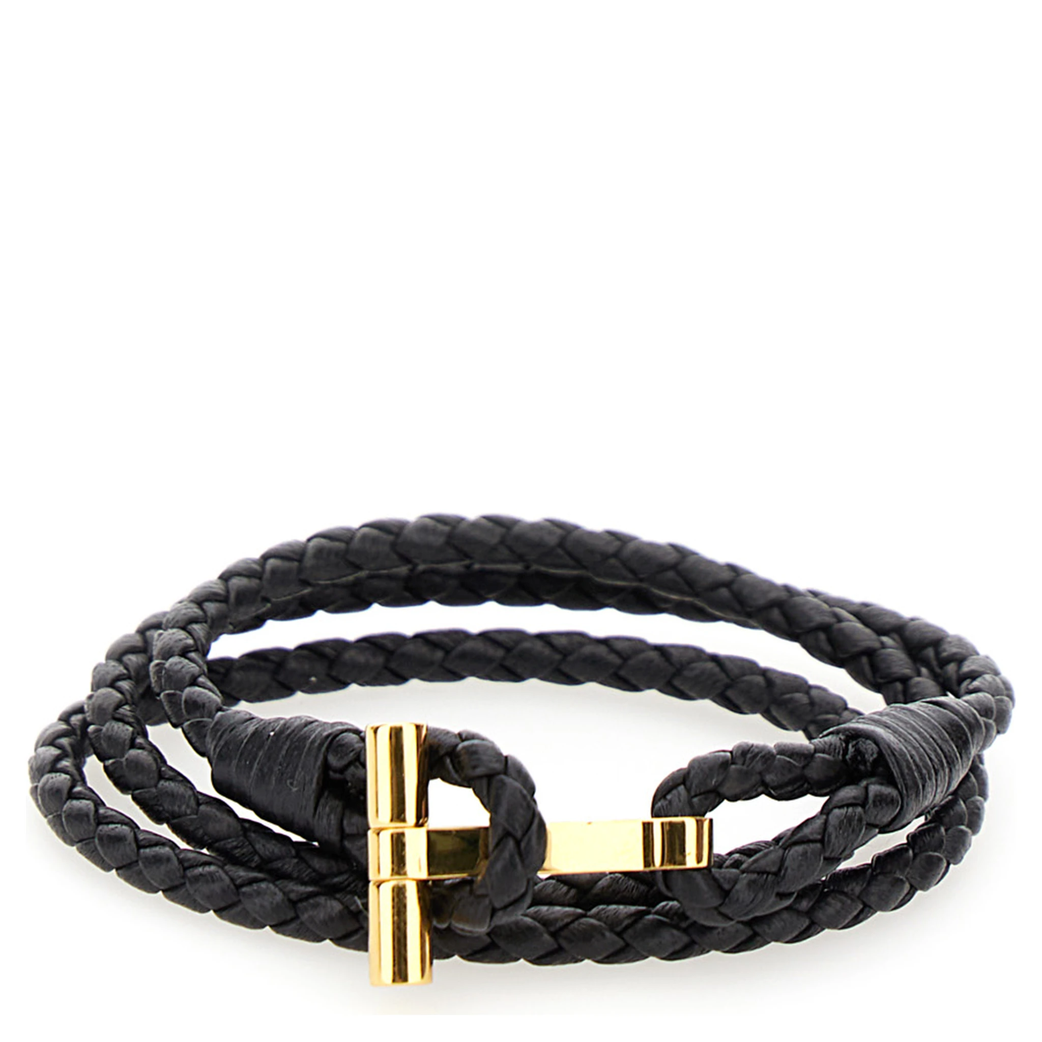 Black Bracelet with T Detail in Braided Leather Man