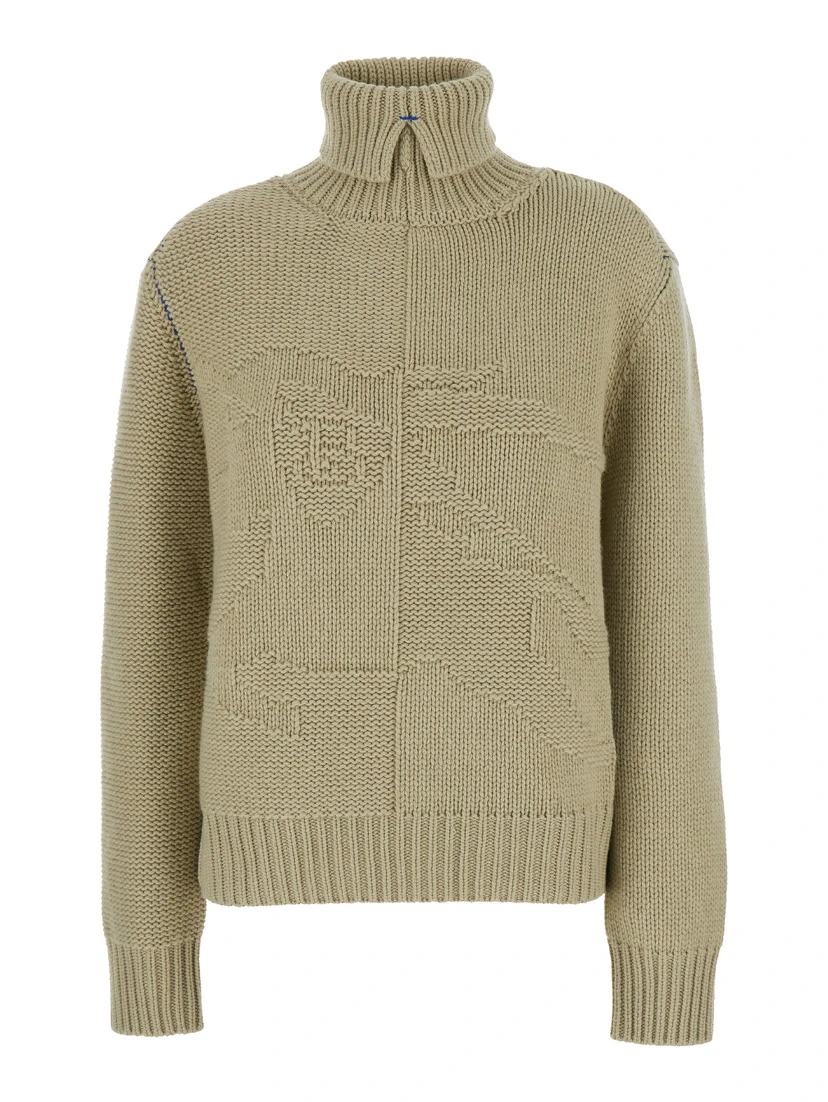 Beige High Neck Sweater with EKD Motif in Cashmere Woman