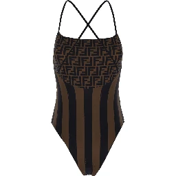 Brown One-Piece Swimsuit with FF and Stripe Motif in Stretch Fabric Woman