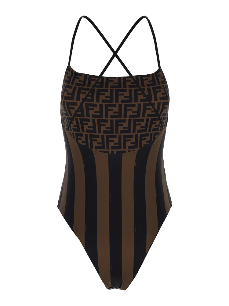 Brown One-Piece Swimsuit with FF and Stripe Motif in Stretch Fabric Woman alternative