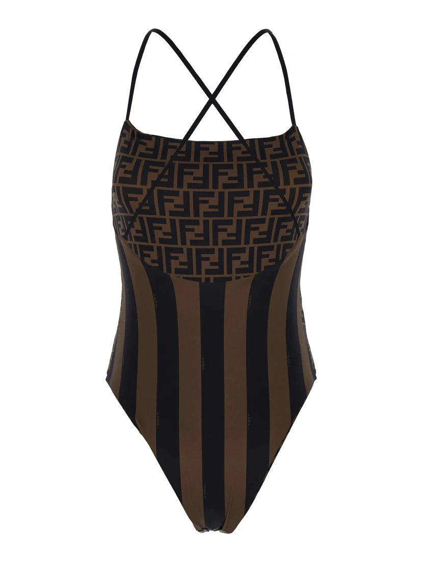 Brown One-Piece Swimsuit with FF and Stripe Motif in Stretch Fabric Woman