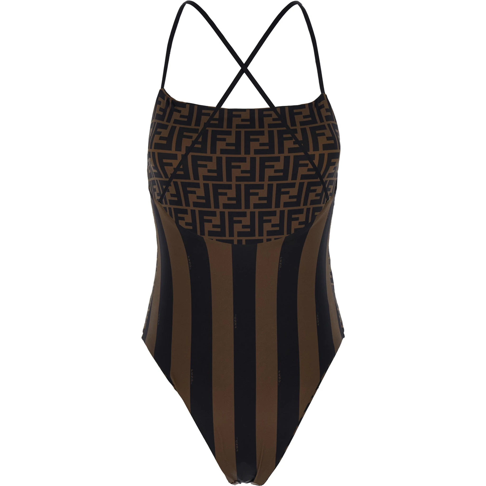 Brown One-Piece Swimsuit with FF and Stripe Motif in Stretch Fabric Woman