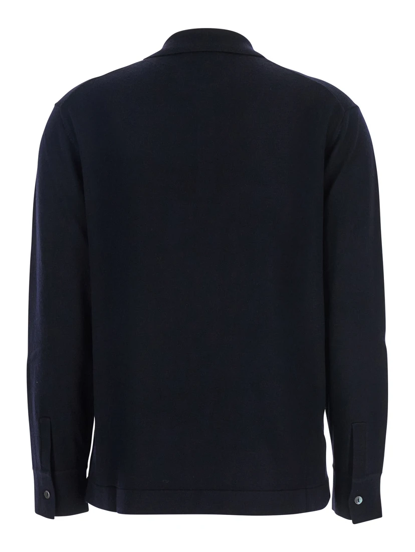 Blue Polo Shirt with Classic Collar and Long Sleeves in Wool Woman