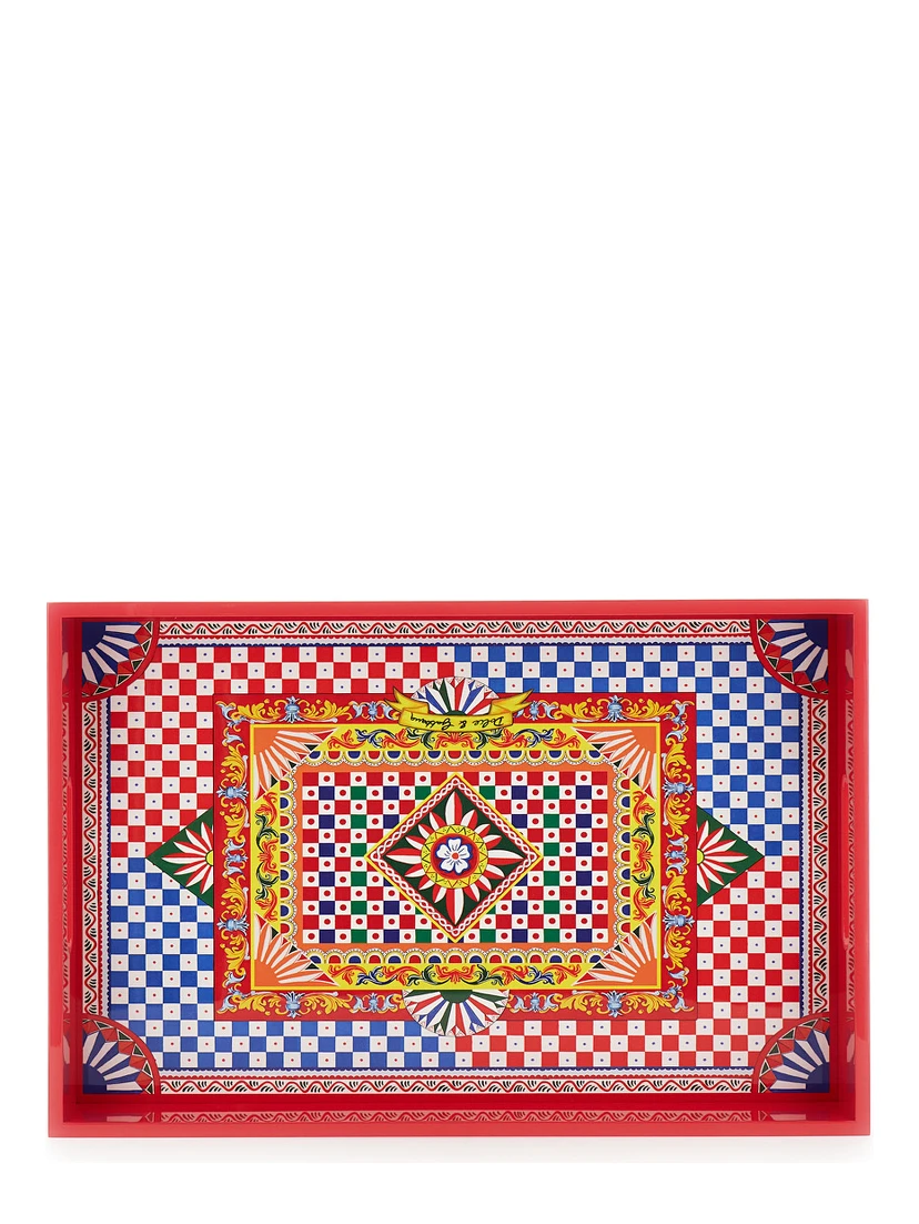 Multicolor Rectangular Tray with Carretto Siciliano Print in Lacquered Wood