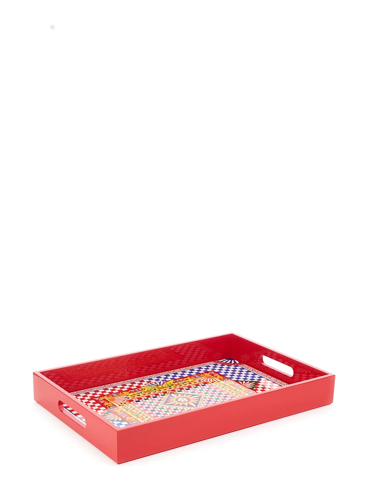 Multicolor Rectangular Tray with Carretto Siciliano Print in Lacquered Wood alternative