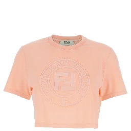 Pink T-shirt with Cropped Design and Raised Logo on the Front in Cotton Woman