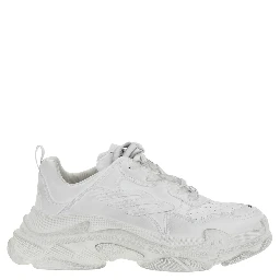 Triple S Sporty White Sneaker with 3B Logo Embroidered on the Side and Worn Effect in Tech Fabric Man