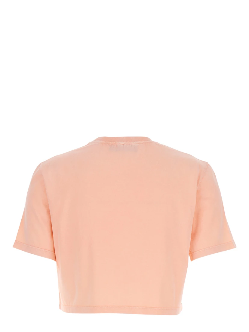 Pink T-shirt with Cropped Design and Raised Logo on the Front in Cotton Woman