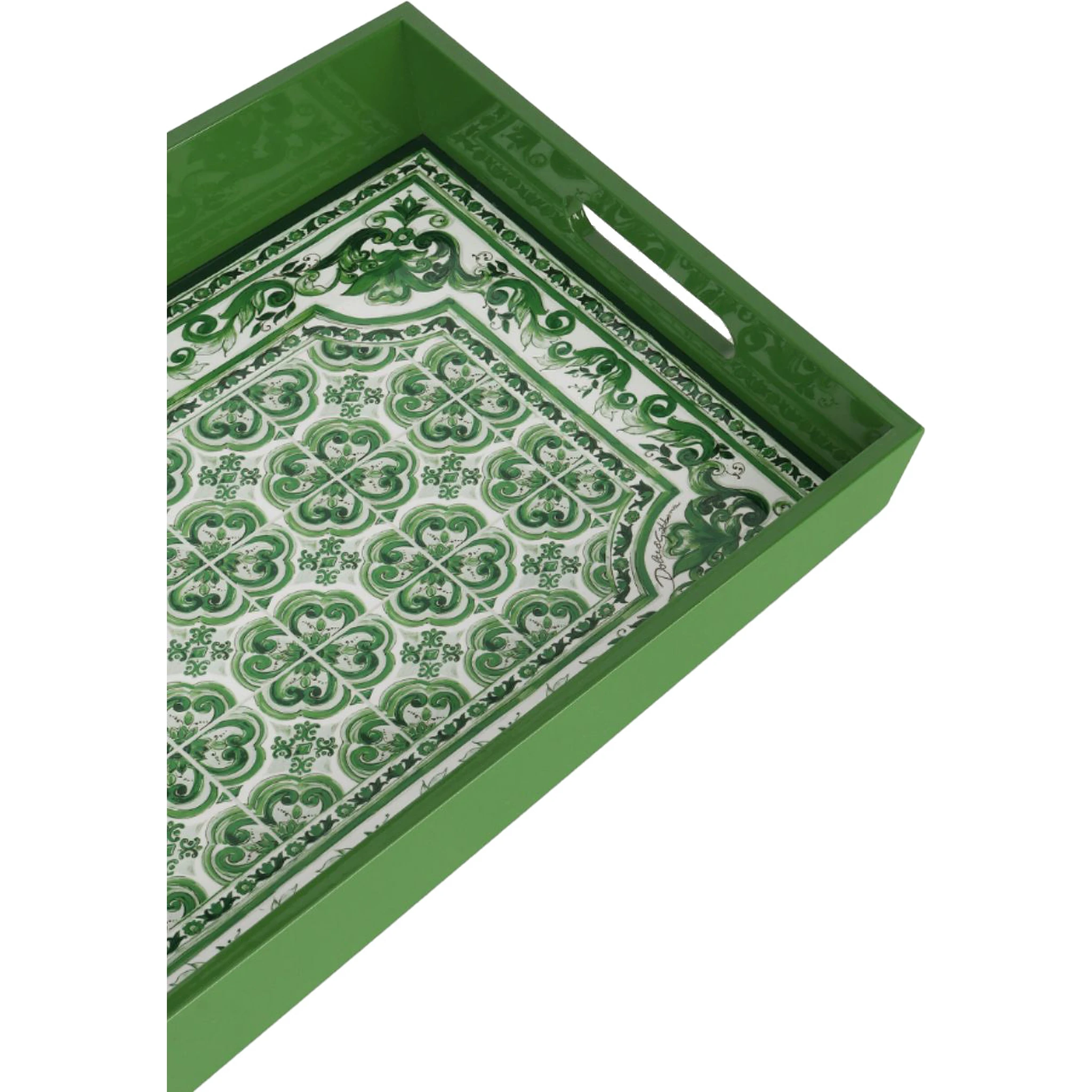 Green Rectangular Tray with Maiolica Motif in Plexiglass Home