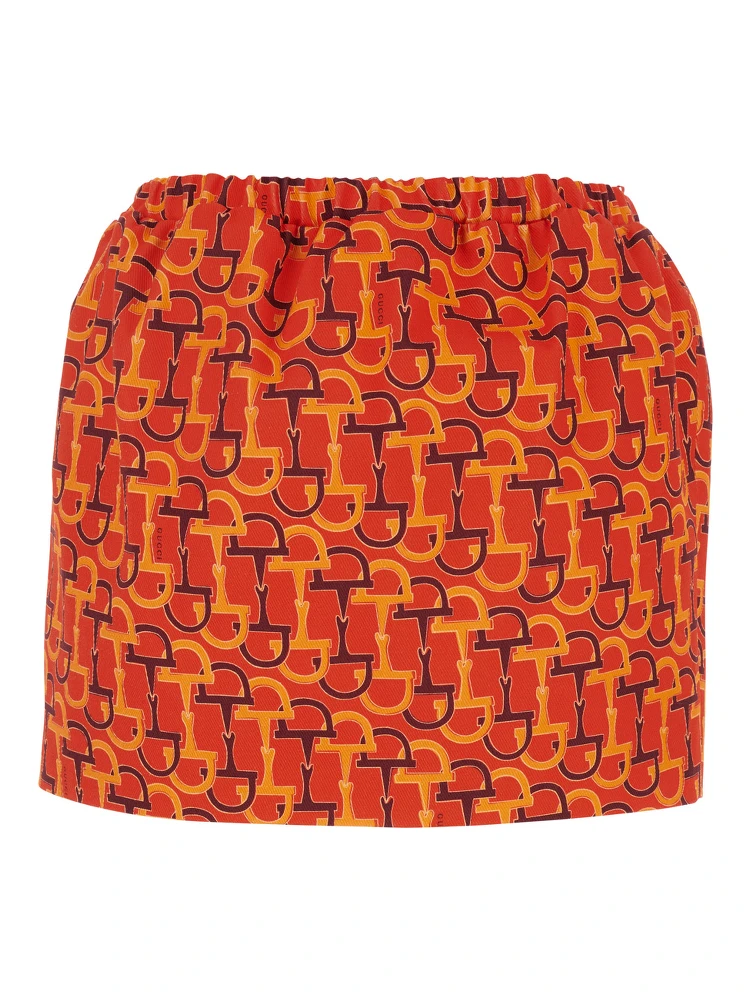 Orange Skirt with Elastic Waist and All-Over Horsebit Print in Cotton Woman