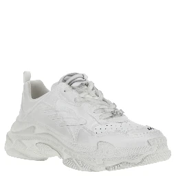 Triple S Sporty White Sneaker with 3B Logo Embroidered on the Side and Worn Effect in Tech Fabric Man
