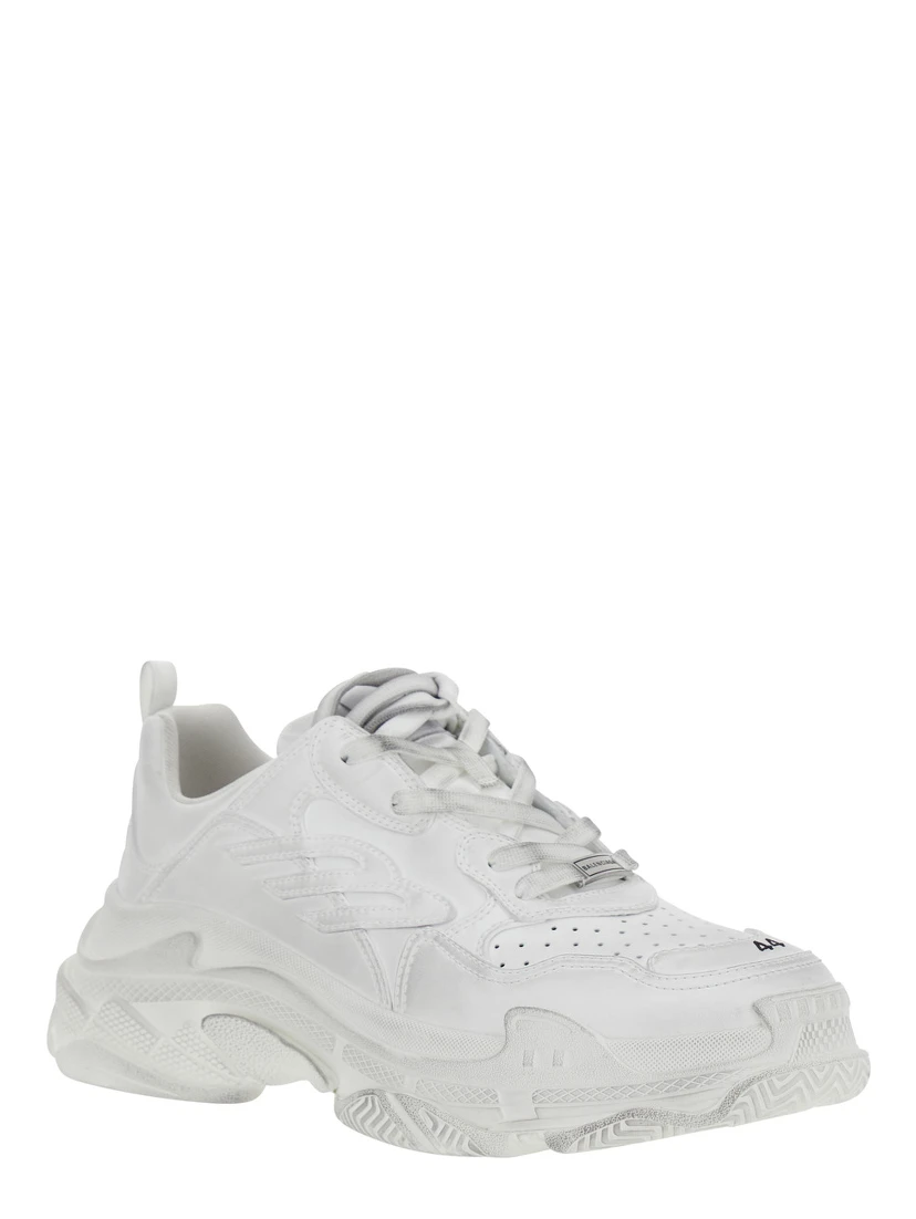 Triple S Sporty White Sneaker with 3B Logo Embroidered on the Side and Worn Effect in Tech Fabric Man