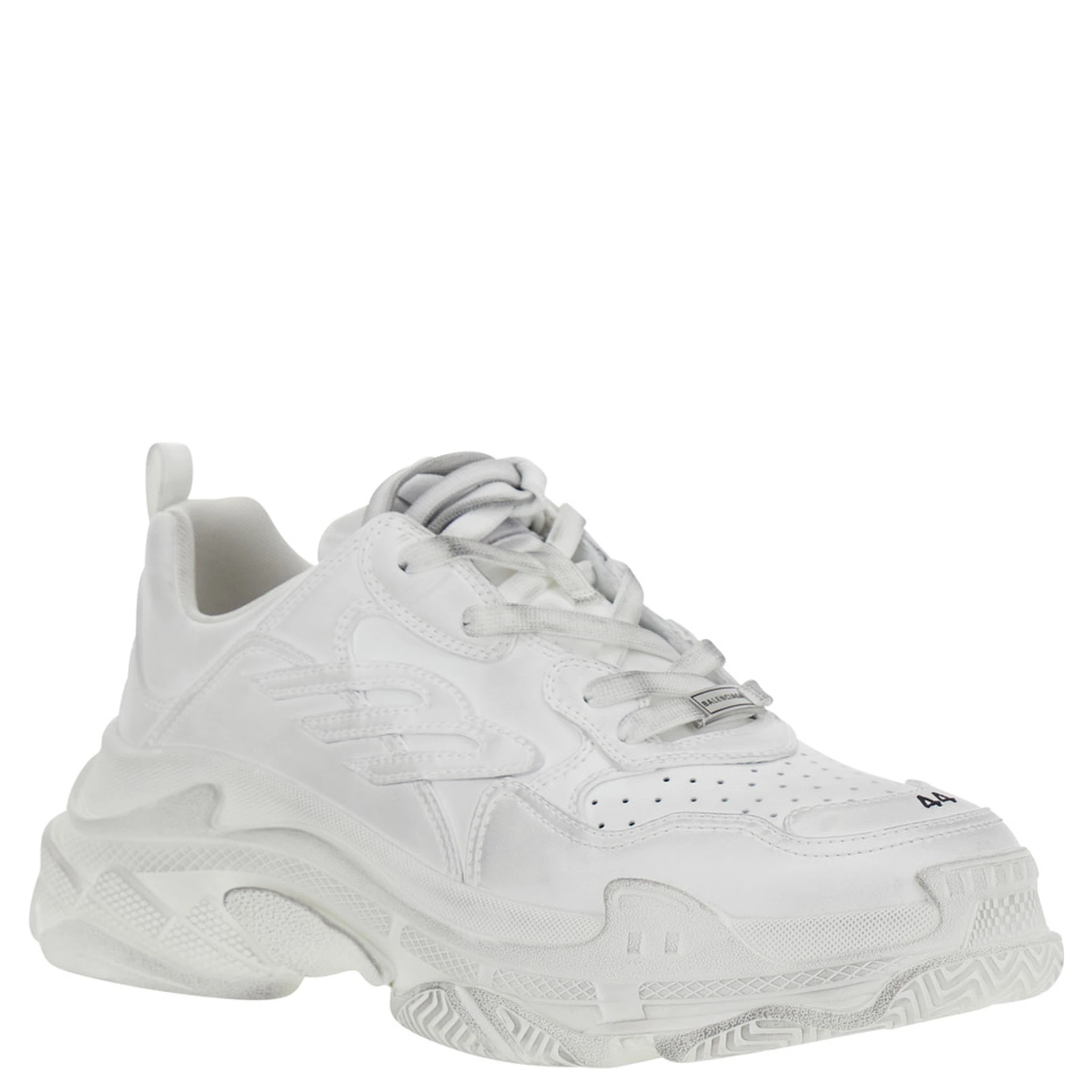 Triple S Sporty White Sneaker with 3B Logo Embroidered on the Side and Worn Effect in Tech Fabric Man