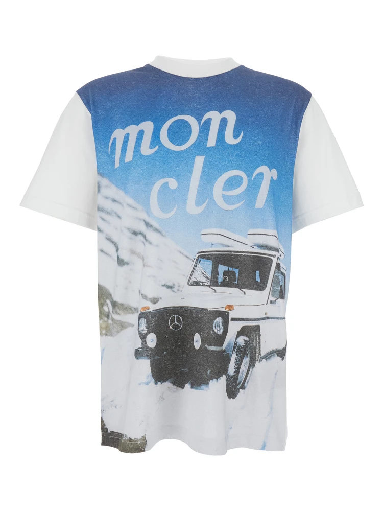 White Crewneck T-Shirt with Logoed Motif and Car Print in Cotton Jersey Man