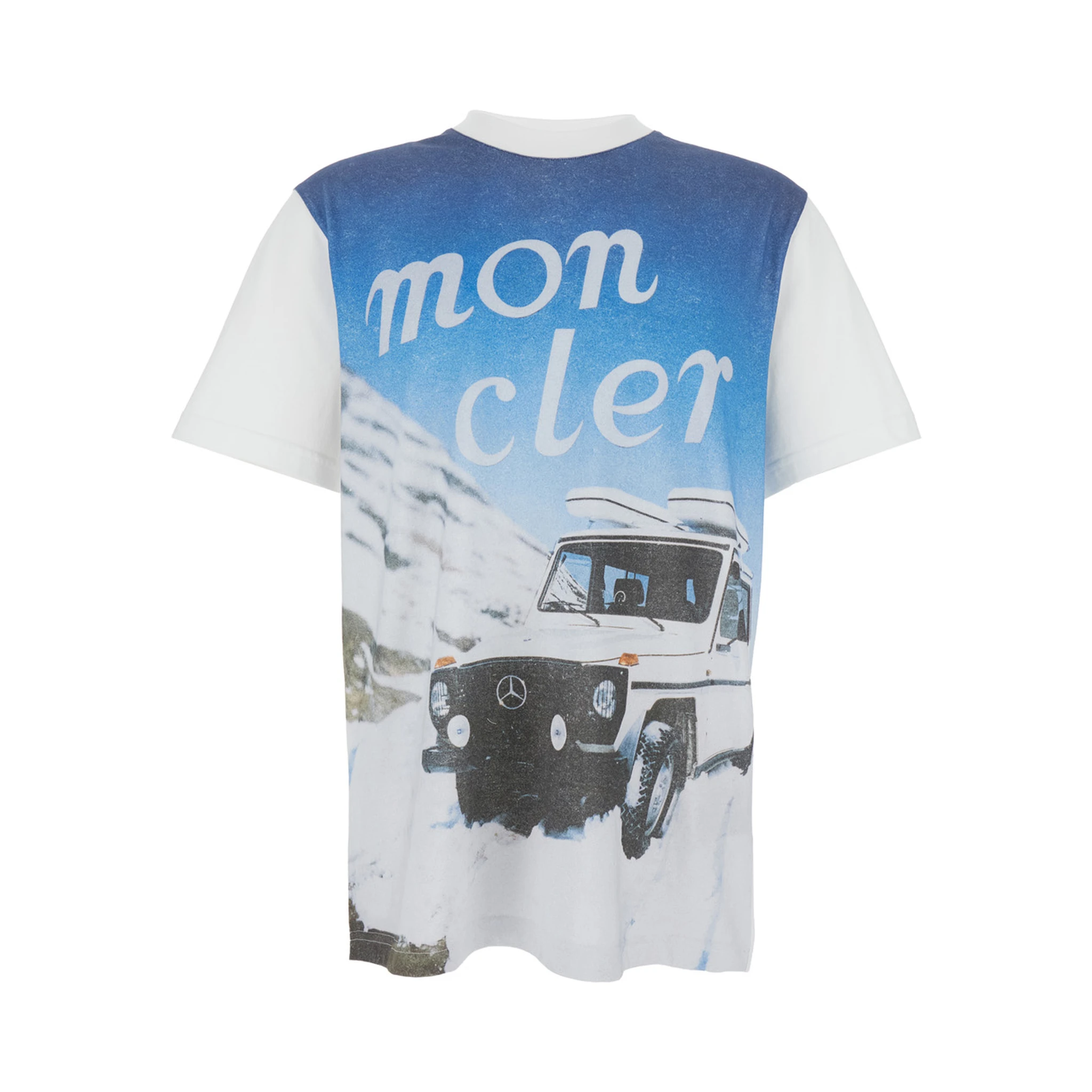 White Crewneck T-Shirt with Logoed Motif and Car Print in Cotton Jersey Man