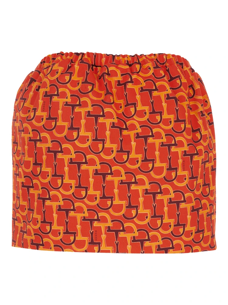 Orange Skirt with Elastic Waist and All-Over Horsebit Print in Cotton Woman alternative