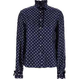 Blue Shirt with Bow Embellishment and All-Over Plus de Pois Motif in Silk Woman