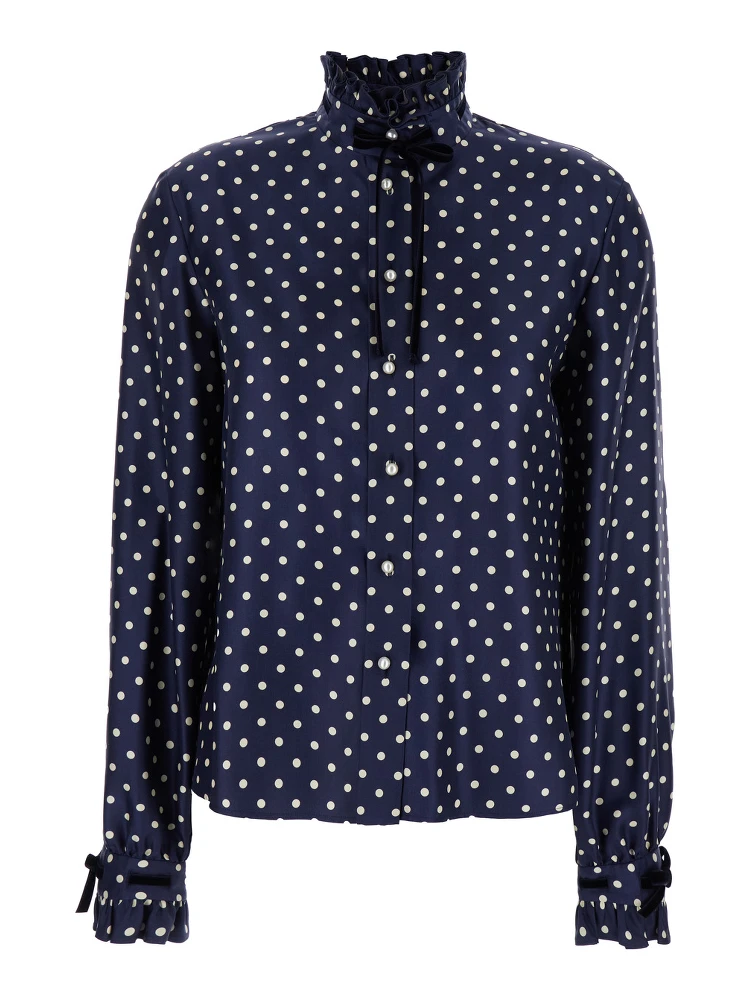 Blue Shirt with Bow Embellishment and All-Over Plus de Pois Motif in Silk Woman