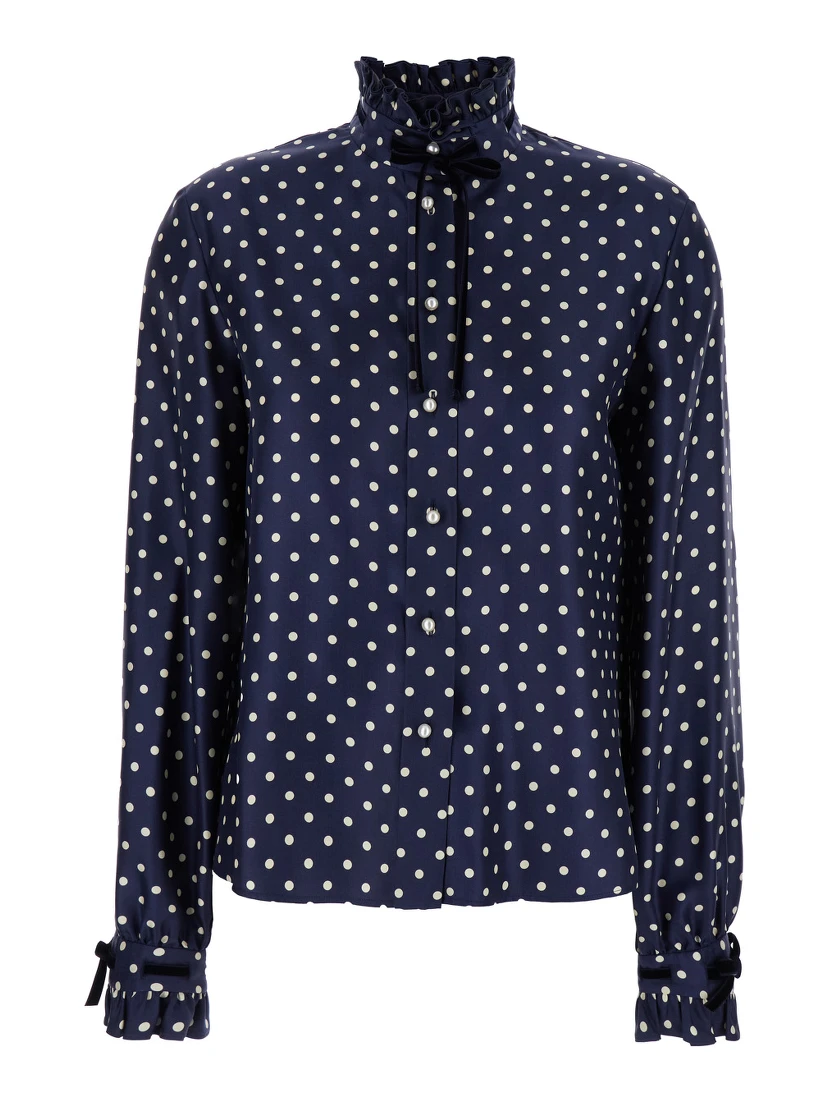 Blue Shirt with Bow Embellishment and All-Over Plus de Pois Motif in Silk Woman