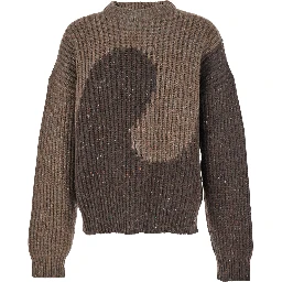 Brown Knit Crewneck Sweater with Bicolor Motif in Wool Blend Man