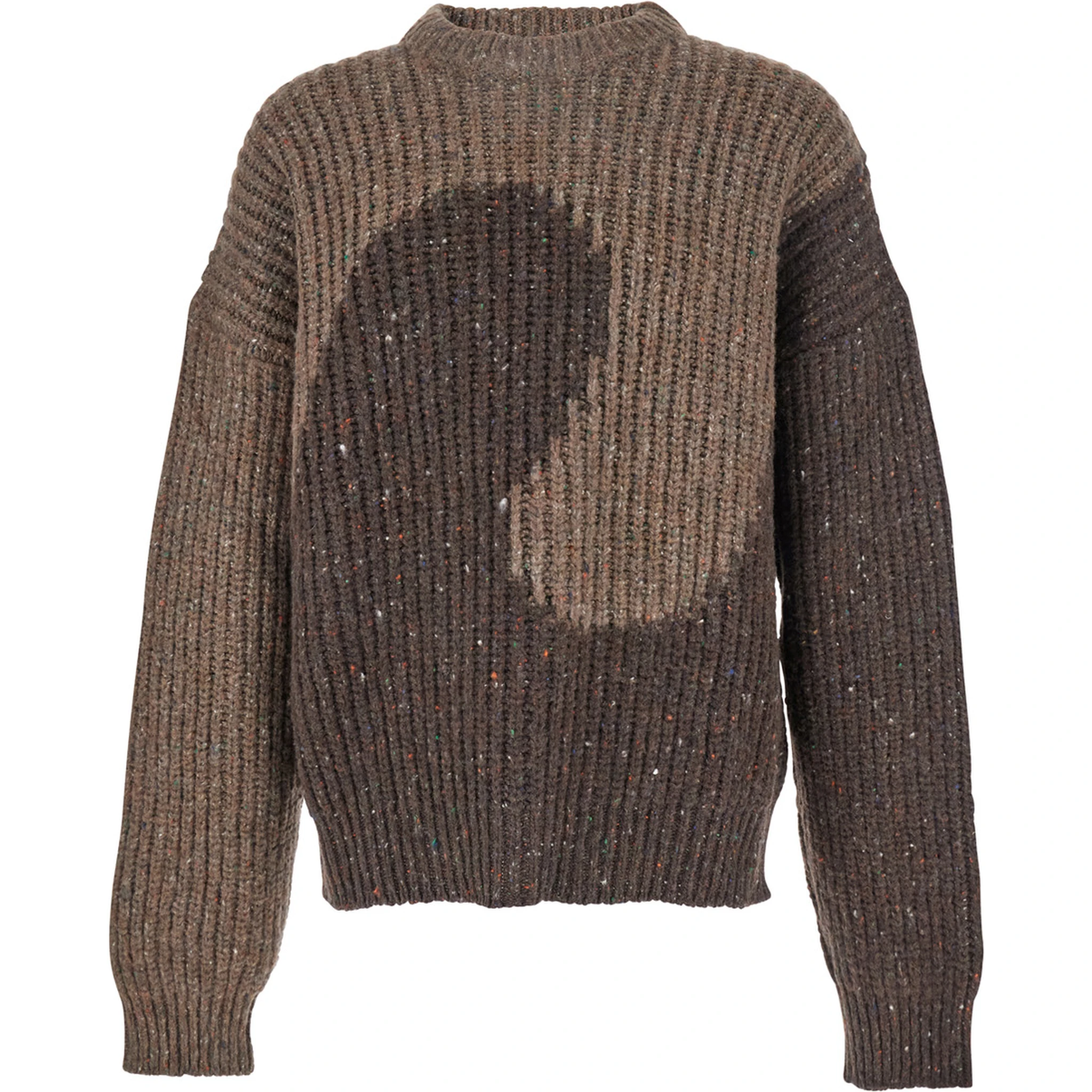 Brown Knit Crewneck Sweater with Bicolor Motif in Wool Blend Man