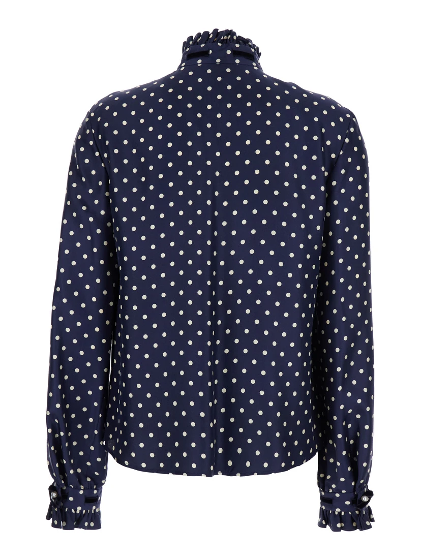 Blue Shirt with Bow Embellishment and All-Over Plus de Pois Motif in Silk Woman