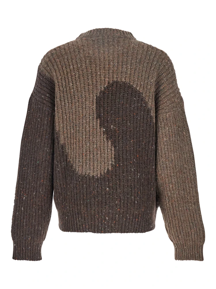 Brown Knit Crewneck Sweater with Bicolor Motif in Wool Blend Man alternative