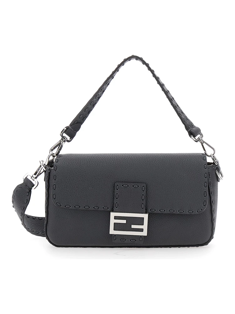 “Baguette” Grey Shoulder Bag with Contrast Stitching in Leather Man