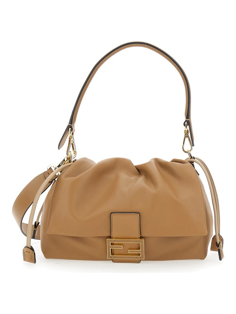 Mamma Baguette Medium Beige Shoulder Bag with FF Closure on the Front in Leather Woman