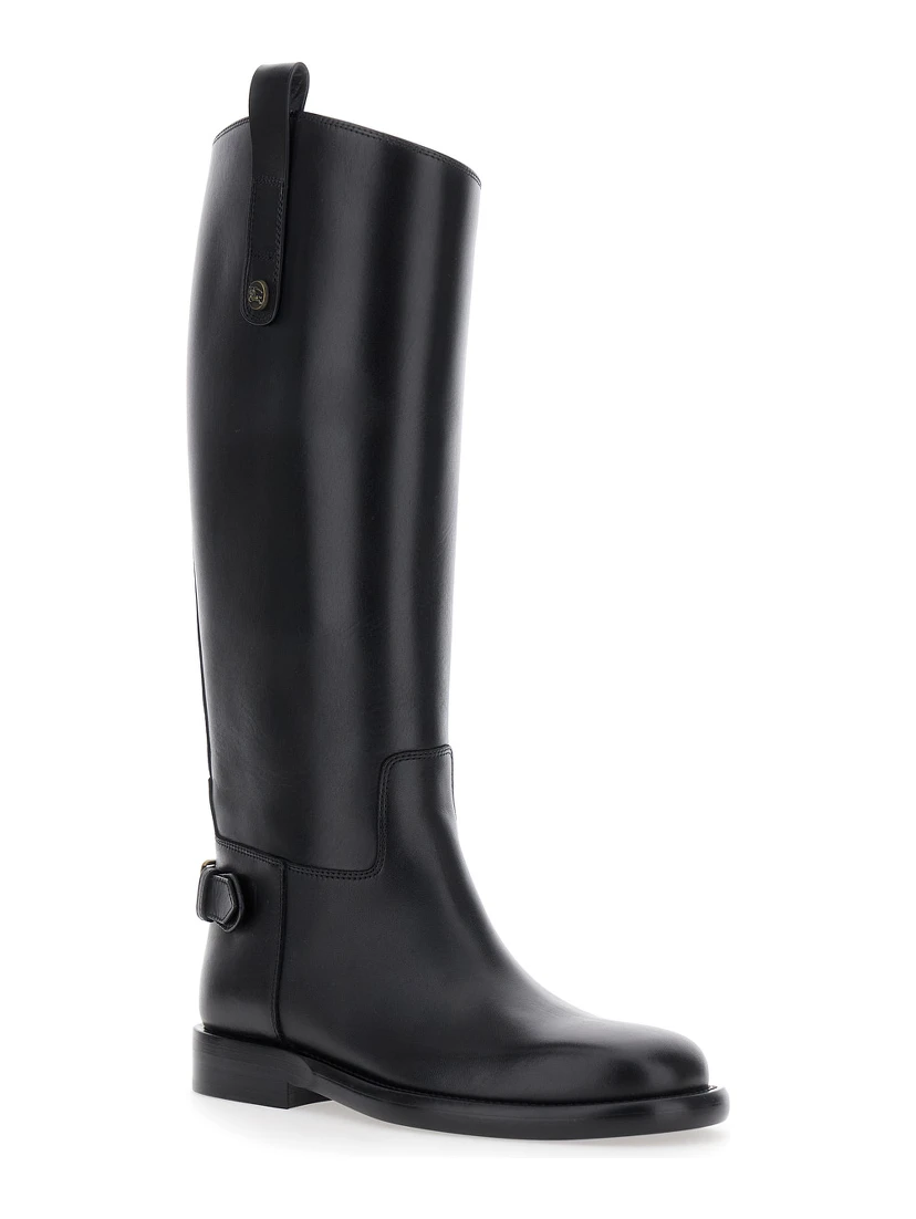 Black Boots with Side Logo Plaque in Leather Woman
