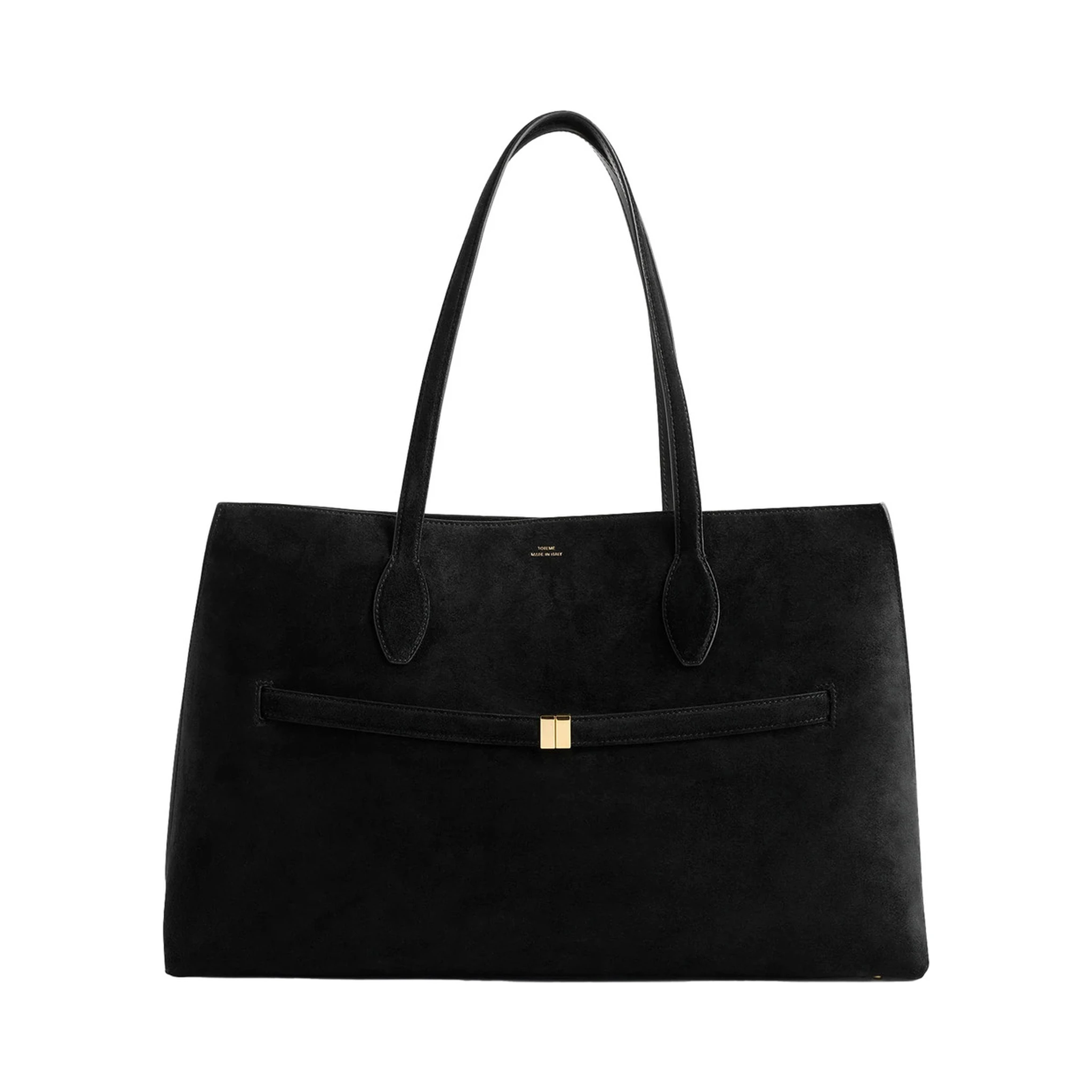Lounge Black Tote Bag with Belt and Embossed Logo Lettering on the Front in Suede Woman