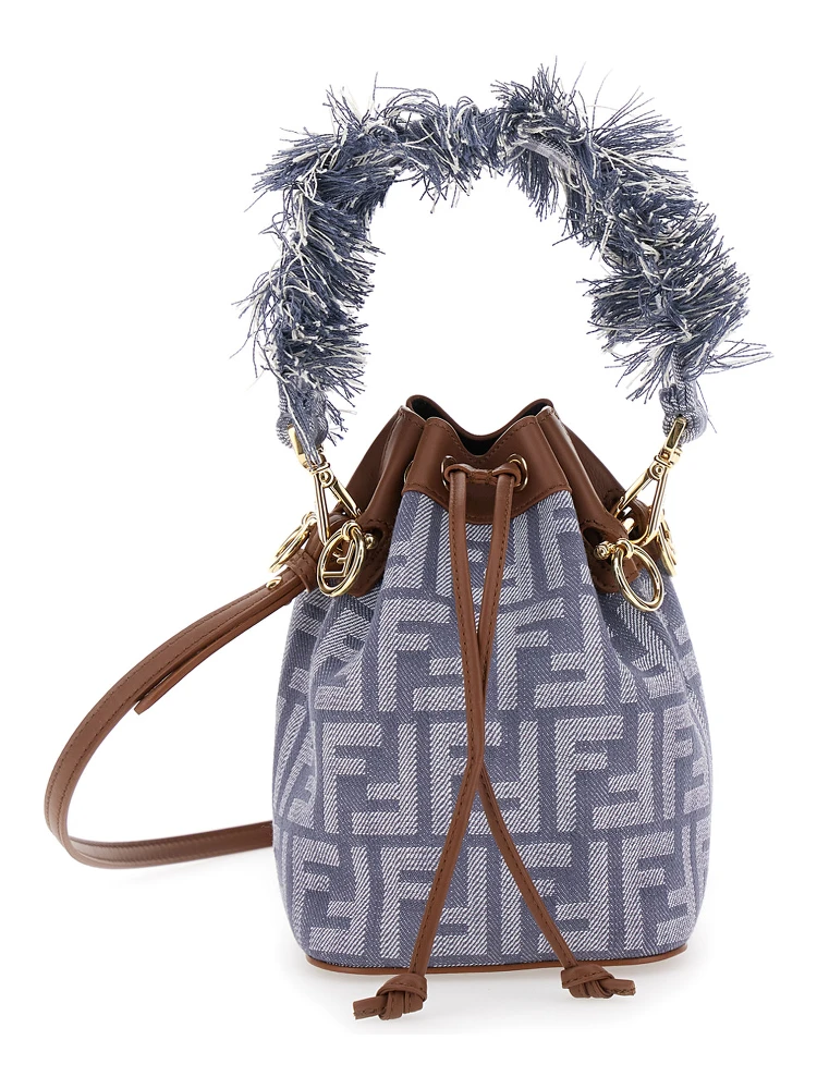 Mon Tresor Blue Mini Handbag with Fringed Handle and Adjustable and Removable Shoulder Strap in Cotton Bòemd Woman
