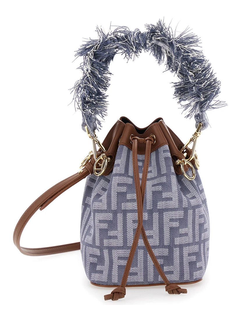 Mon Tresor Blue Mini Handbag with Fringed Handle and Adjustable and Removable Shoulder Strap in Cotton Bòemd Woman