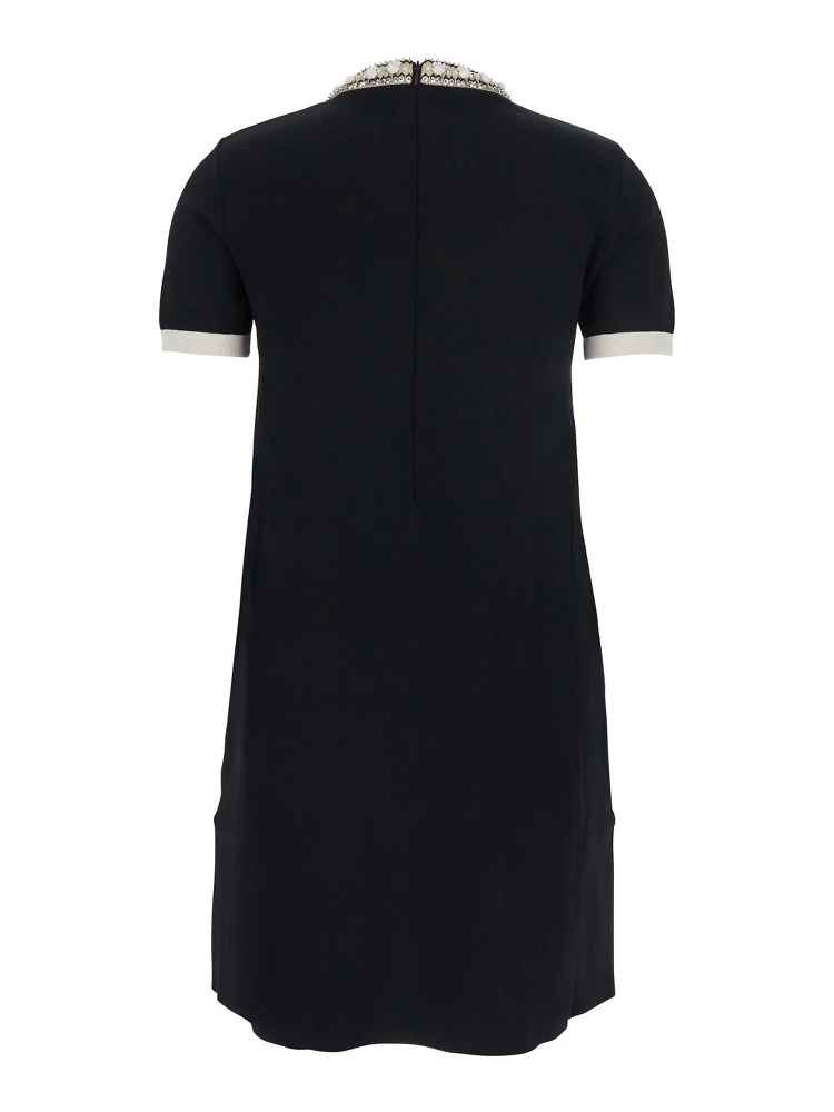 Black Crewneck Dress with Jewel Embellishment on the Collar in Viscose Blend Woman