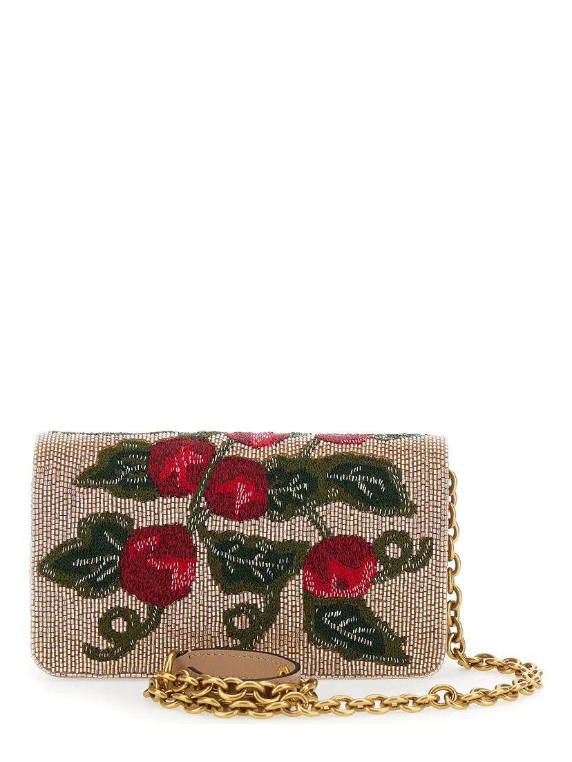 Multicolor Clutch with VLogo Plaque on the Front and All-Over Floral Embroidery in Leather Woman