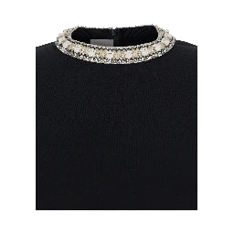 Black Crewneck Dress with Jewel Embellishment on the Collar in Viscose Blend Woman