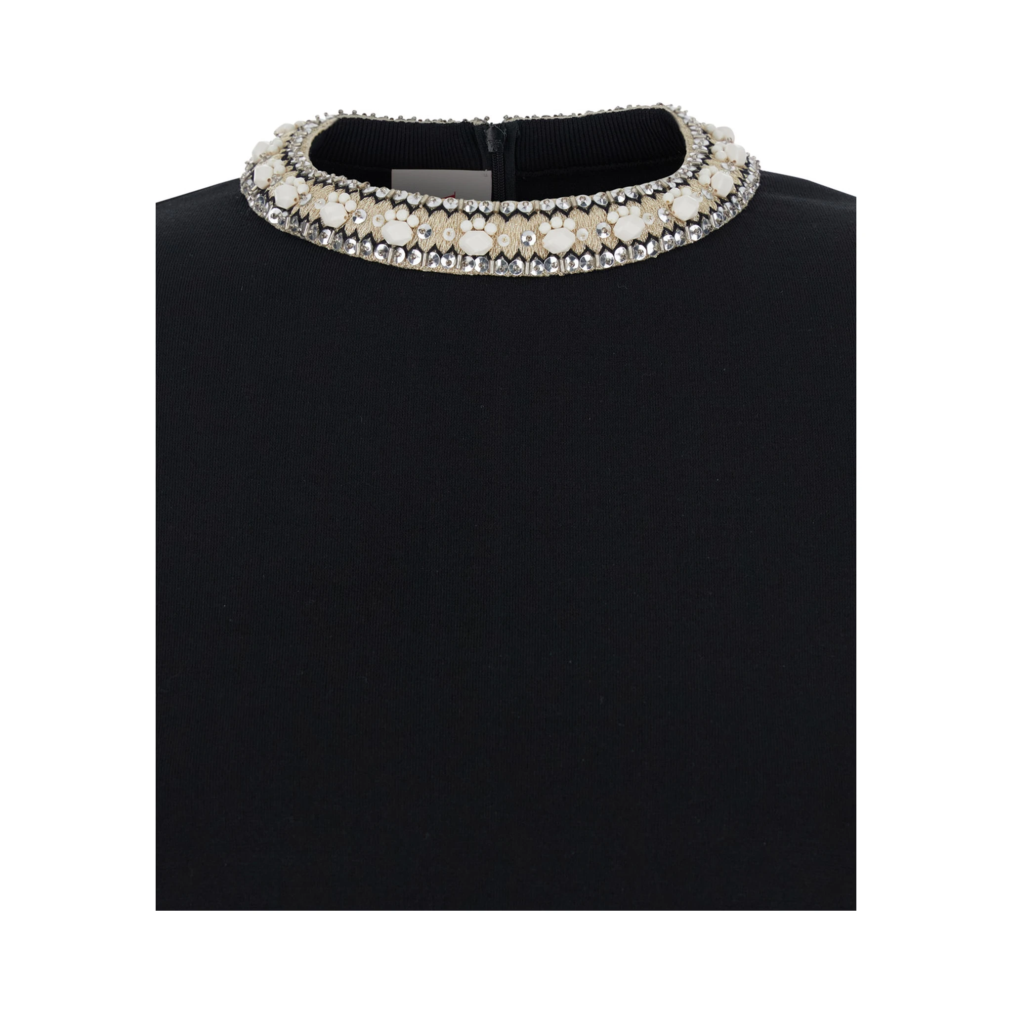 Black Crewneck Dress with Jewel Embellishment on the Collar in Viscose Blend Woman