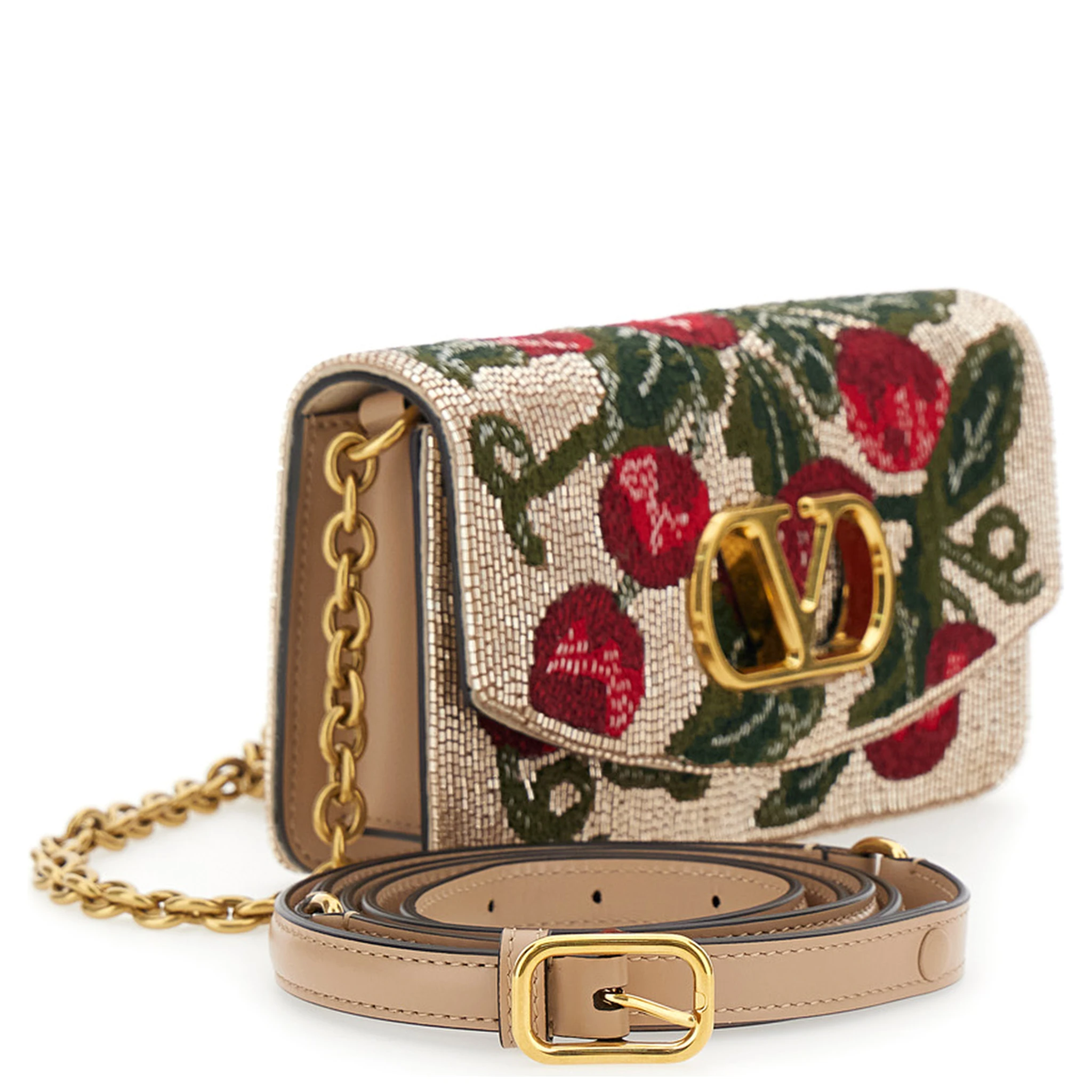 Multicolor Clutch with VLogo Plaque on the Front and All-Over Floral Embroidery in Leather Woman