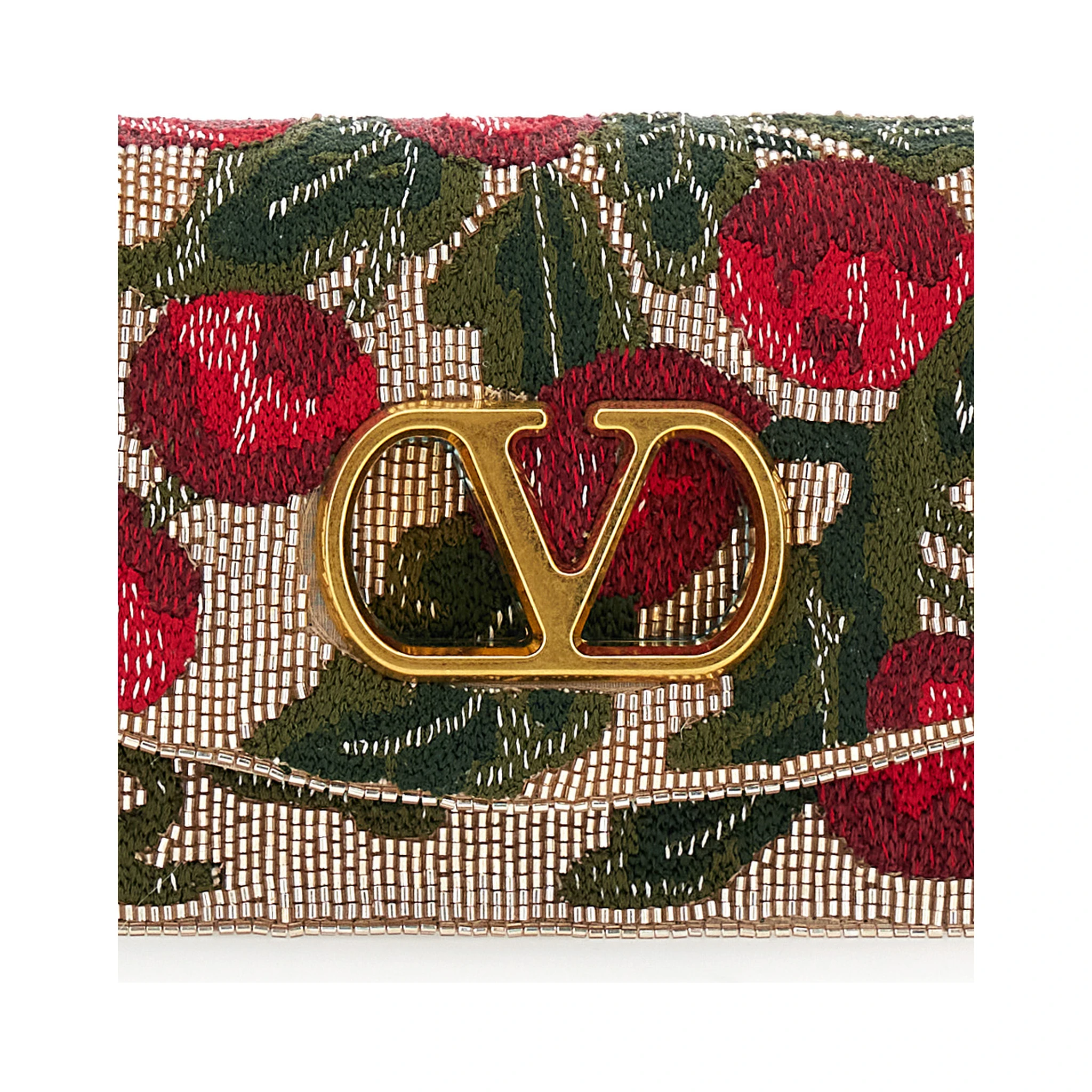 Multicolor Clutch with VLogo Plaque on the Front and All-Over Floral Embroidery in Leather Woman