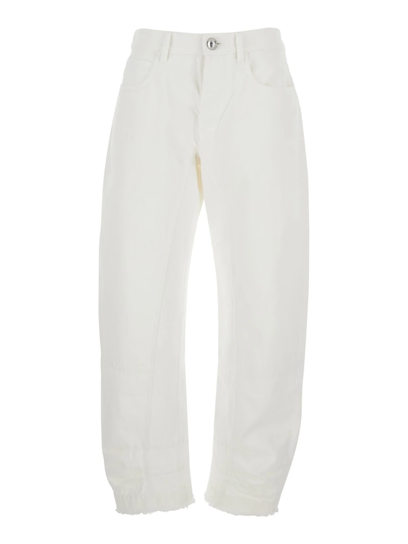 White Jeans with Logo Patch on the Rear and Fringed Hem in Denim Woman
