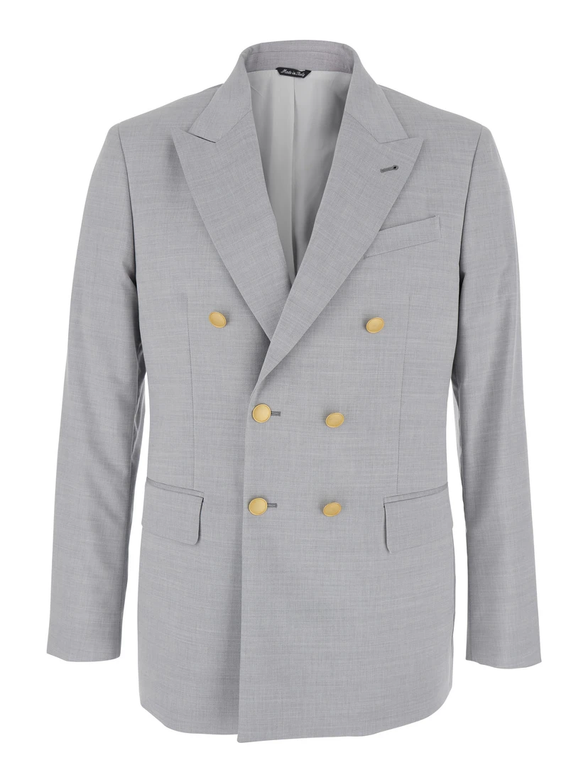 Grey Double Breasted Jacket with Peak Lapels in Virgin Wool and Cotton Blend Woman