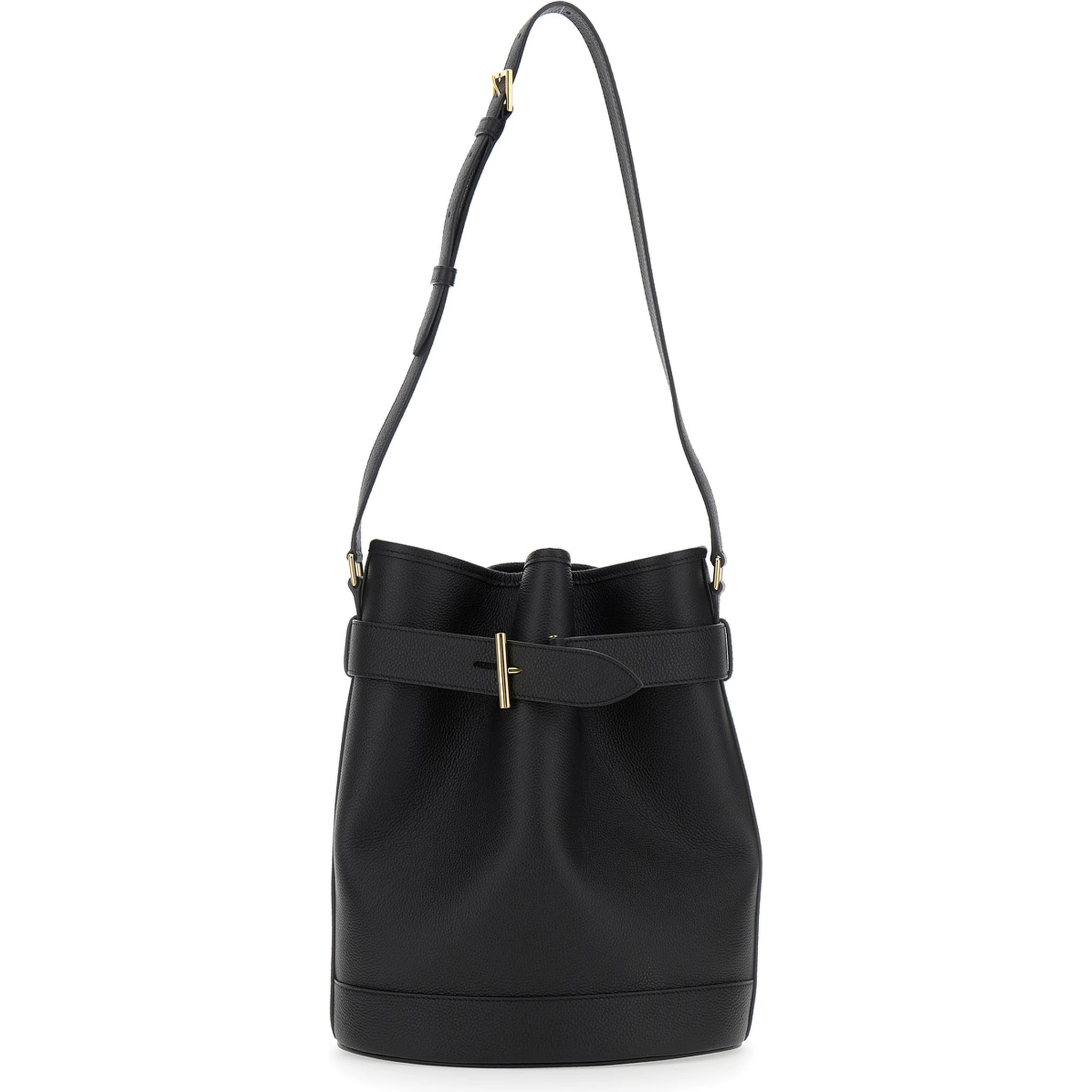 Black Medium Bucket Bag with Adjustable Shoulder Strap and Buckle Closure in Grained Leather Woman