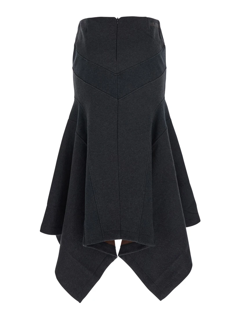 Grey Midi Skirt with Logo Lettering and Handkerchief Hem in Cotton Woman