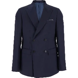 Blue Double-Breasted Jacket with Peak Revers and Embroidery Detail on the Front in Wool Man